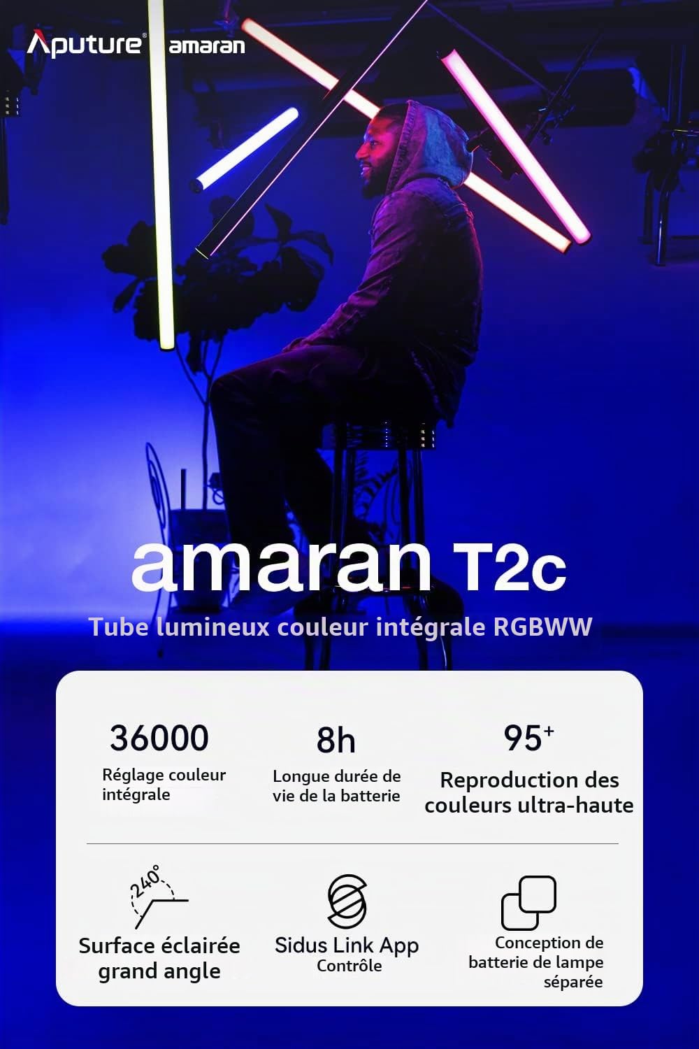 Aputure amaran T2c 20W Sortie RGBWW LED Tube Lumineux à Main, Bâton Lumineux Vidéo à LED RGB, Tube Lumineux pour la Photographie Bâton Lumineux, Contrôle APP & Contrôle DMX (60cm)