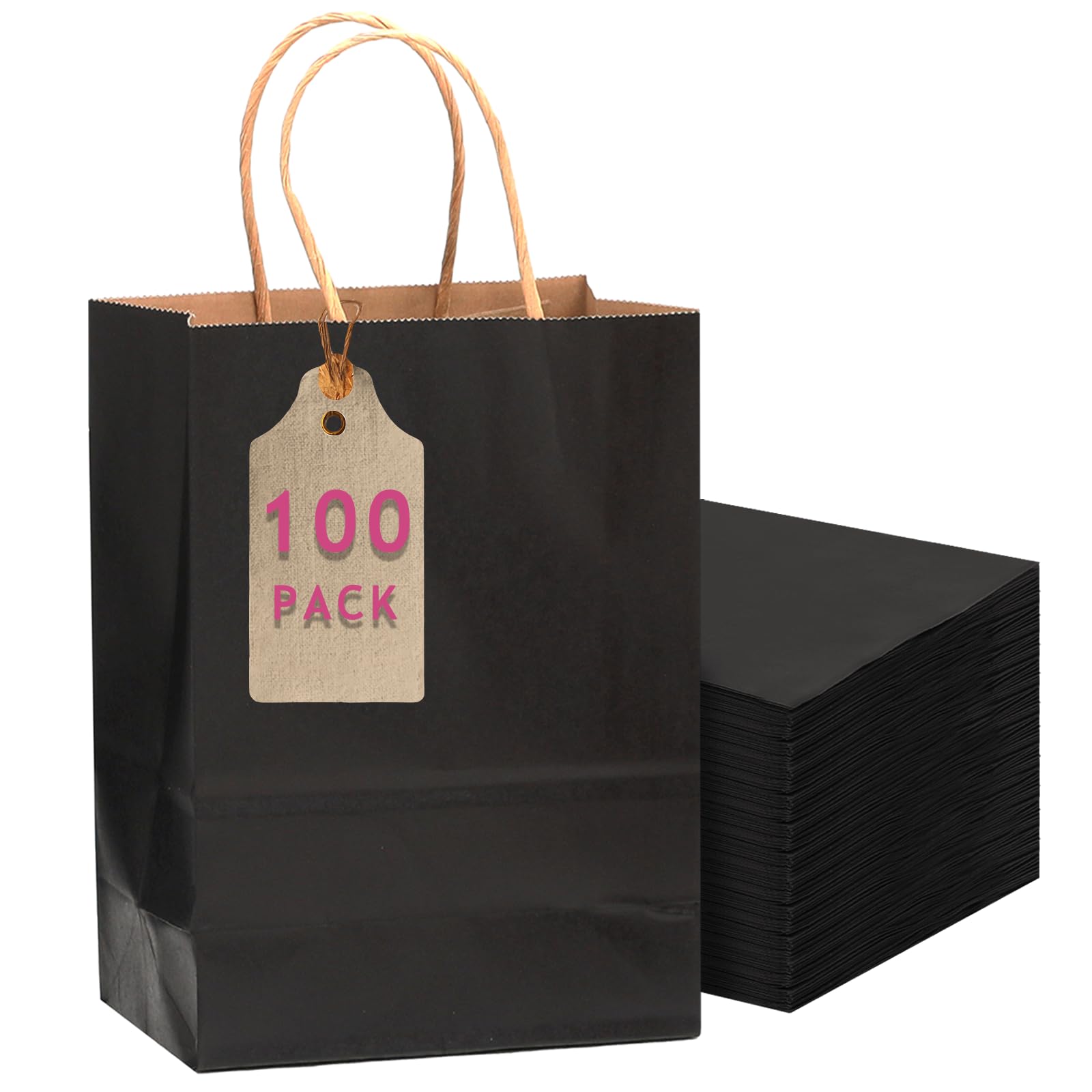 Gcardist 100-Packs Black Gift Bags with Handles 11"x5"x8" Medium Size Kraft Present Paper Bags(27x20x12cm)
