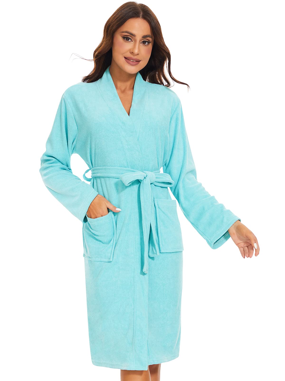 Knuffnee Women Bath Robes Terry Cloth Towel Robe Knee Length Bathrobe with Pockets