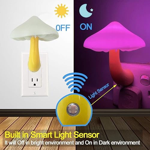 Miniatura 3 de Paquete de 2 lámparas LED de noche de hongos con sensor de atardecer a amanecer, enchufable para cama LED, linda lámpara nocturna de hongos, lámpara