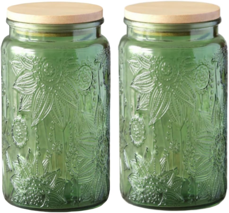 ANSQU Green Glass Canister Jars, 34oz Candy Jars with Lids, Vintage Colored Mason Jars for Kitchen Decorative Jar for Coffee Tea Candy Cookies, Cute Jar (Green, 2 Pack)
