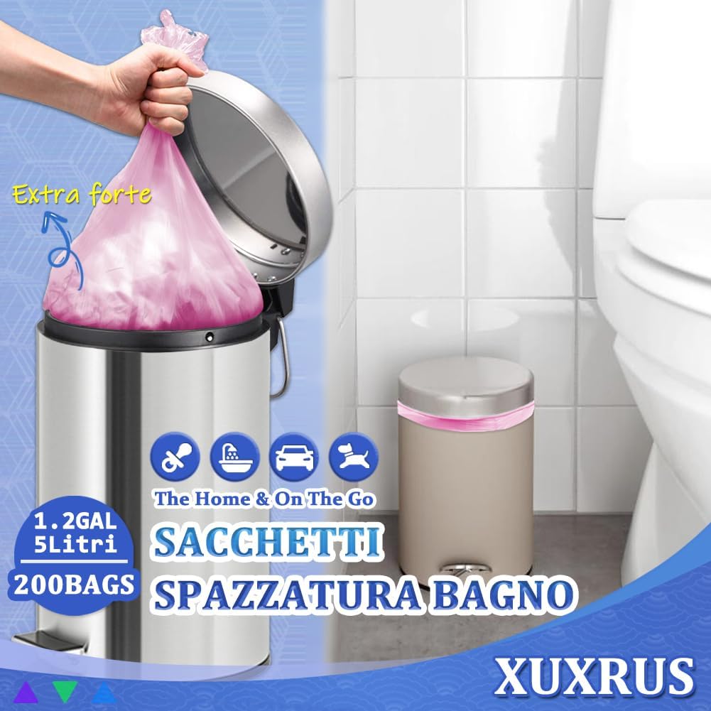XUXRUS 200 Pezzi Sacchetti Spazzatura Piccoli, Sacchi Immondizia 5 Litri 38x43cm, Anti-Perdite, Senza Odore, Ultraresistenti per Cucina, Soggiorno, Ufficio (Colorato)