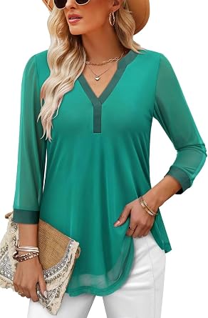 Magritta Womens Tunic Tops Dressy Casual Double Layers Mesh Blouses Loose Fit 3/4 Sleeve Shirts