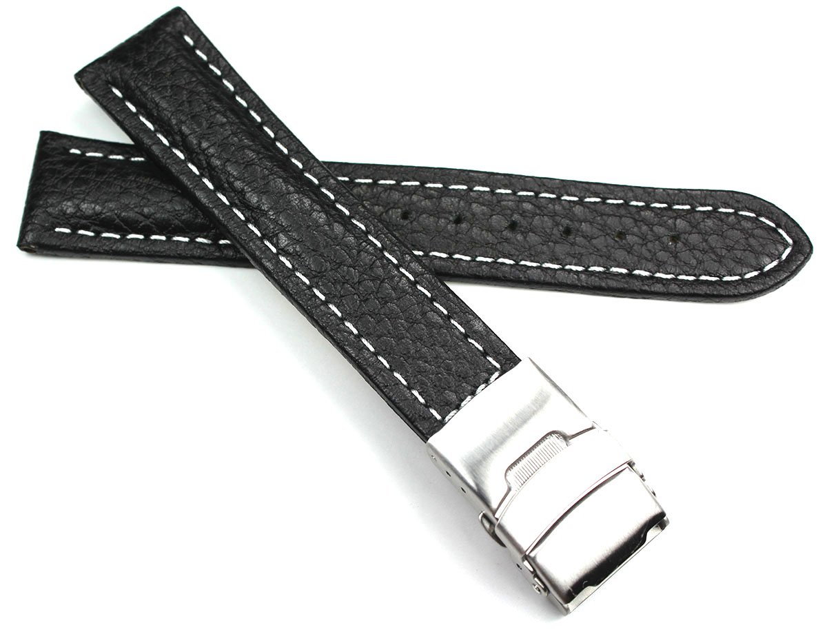 Sulla20 mm men's leather watch strap with stainless steel folding clasp, black and white stitching.