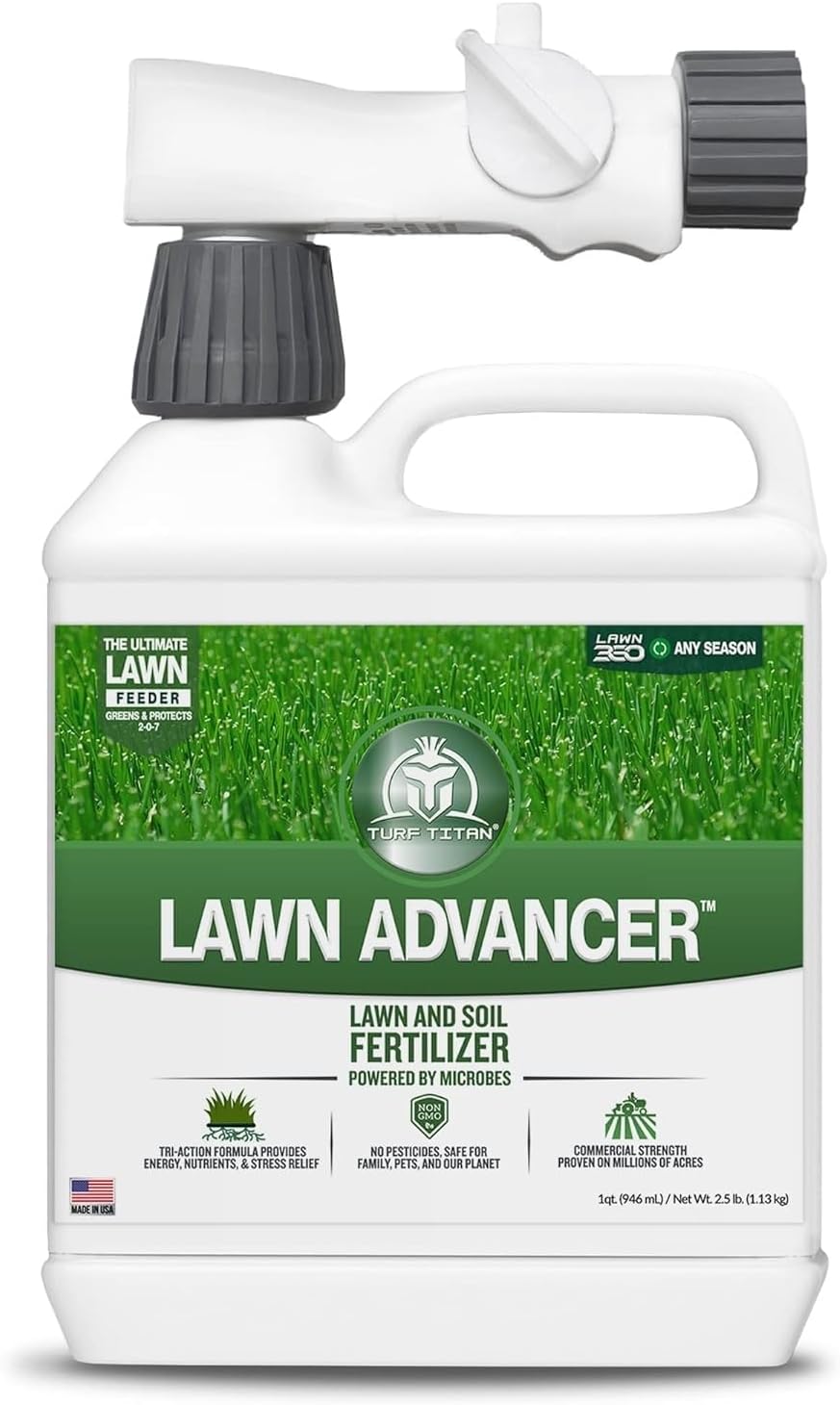 Lawn Advancer Fast-Acting Liquid Lawn Fertilizer (32 oz) with Hose End Sprayer โ Quick Green Lawn Booster for Heat and Stress โ Nutrient-Rich Formula for Strong Turf โ Covers 6,000 Sq Ft