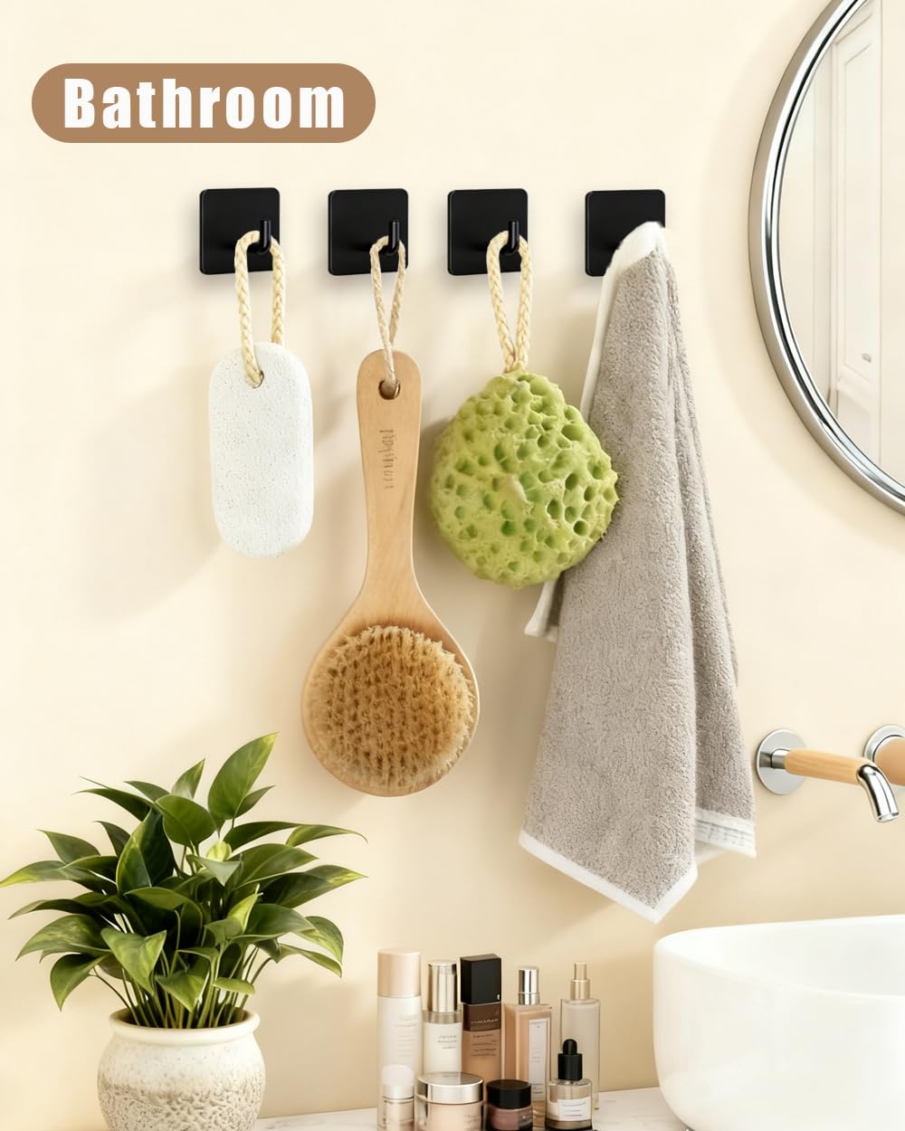 YLITREUS Ganci Adesivi 8 Pezzi - Ganci da Parete in Acciaio Inox Nero Senza Foratura per Bagno, Cucina, Soggiorno - Gancio Salvaspazio per Asciugamani e Gancio Autoadesivo per cappotti