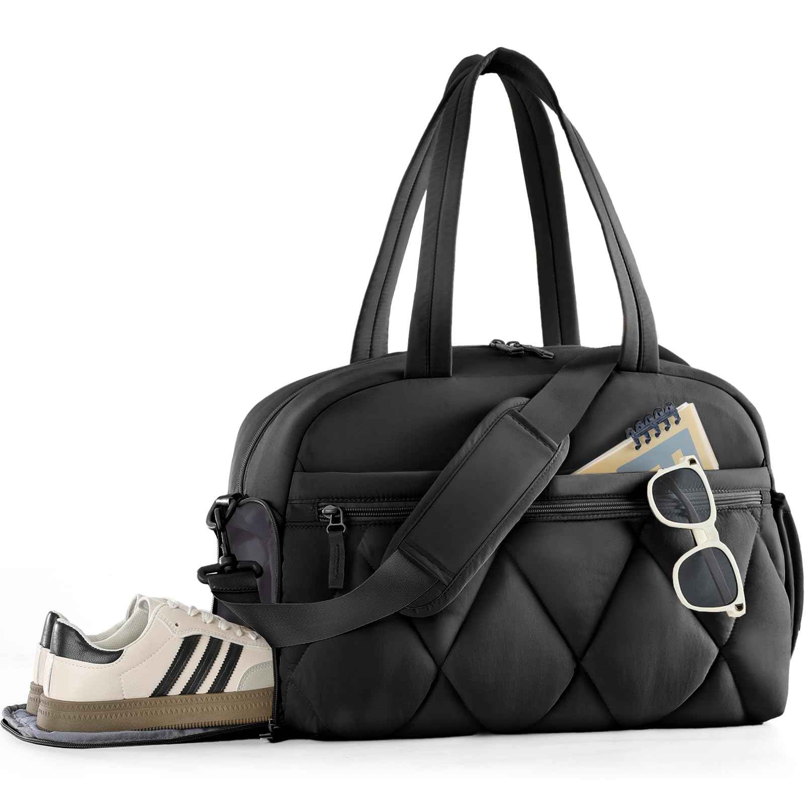 Lekespring Reisetasche Damen, Leicht Puffer Sporttasche mit Schuhfach Weekender Wickeltasche Handgepäck Gym Bag Kliniktasche Geburt, Travel Bag für Flugzeug Reise, Fitness, Sauna (Schwarz)