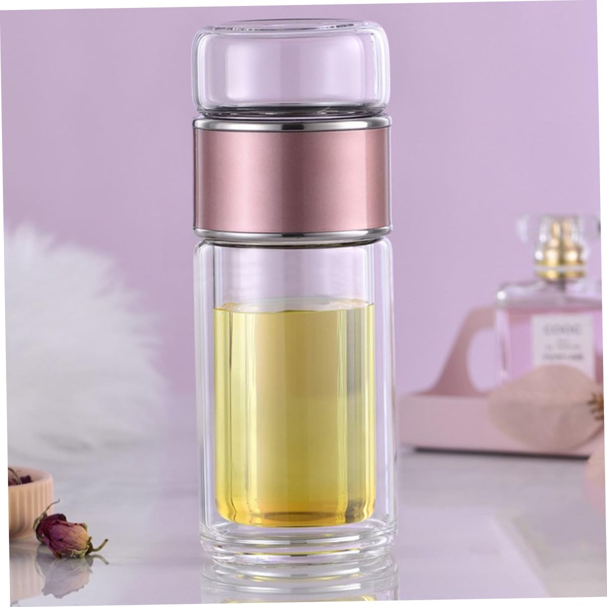 OFFSCH Tea Infusers for Loose Tea 280ml Glass Water Bottle Portable Strainer Lid Rose Gold