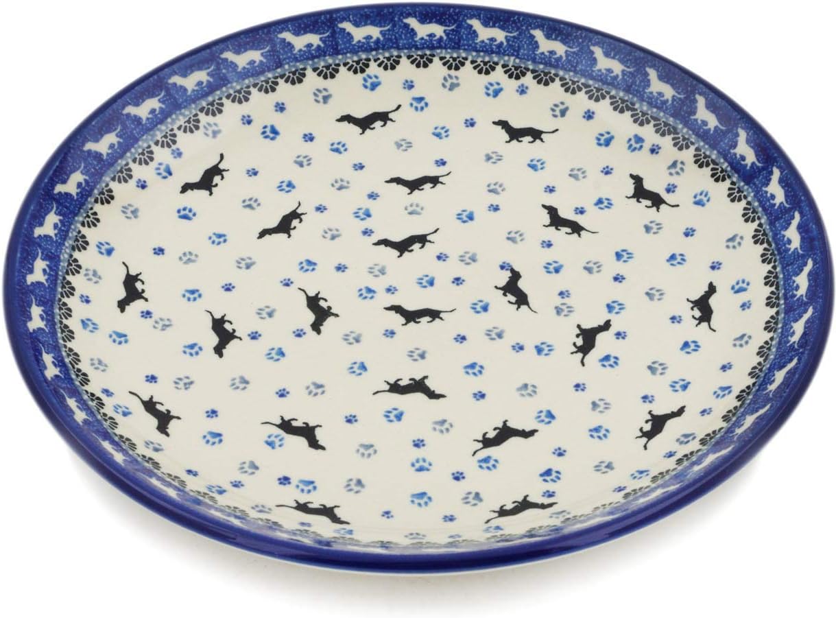 Polmedia Polish Pottery Dinner Plate - Dancing Dachshunds Pattern Handmade in Boleslawiec Poland by Ceramika Artystyczna + Certificate of Authenticity