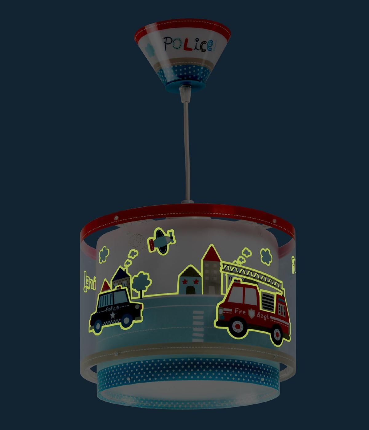 Dalber Lámpara Techo Colgante Infantil Polica y Bomberos Azul 60612M E27 | Incluye difusor de luz inferior extraible; Habitación Niño; coches y bomberos