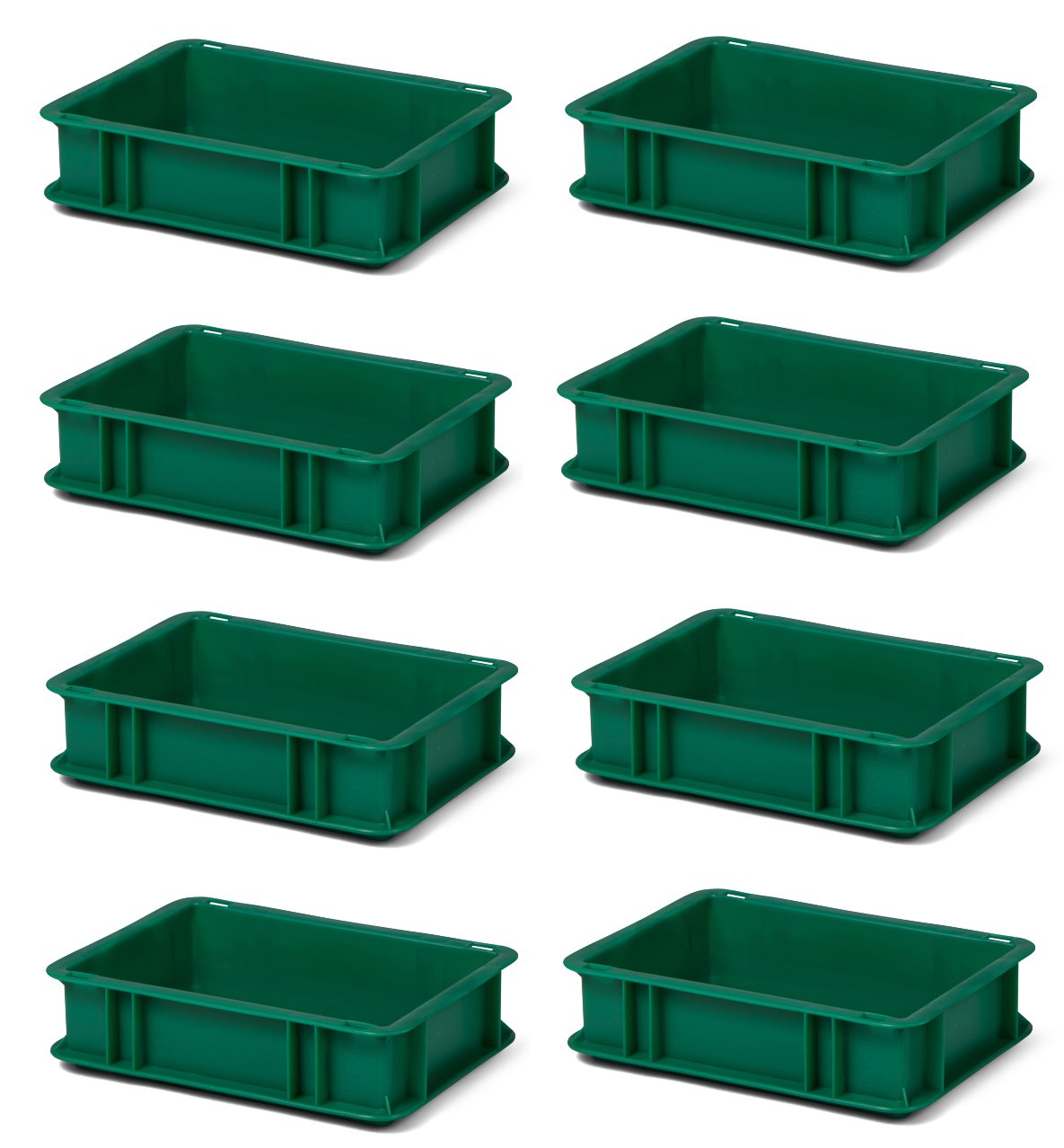 8 Stk. Transport-Stapelkasten TK375-0, grün, 300x200x75 mm (LxBxH), aus PP, Volumen: 3 Liter, Traglast: 25 kg, lebensmittelecht, made in Germany, Industriequalität