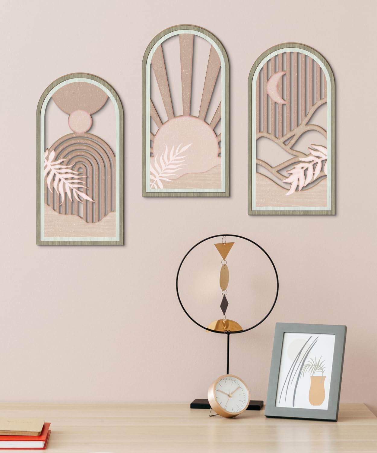 Putuo Decor Boho Sun Wall Art Set of 3, Abstract Pink Artwork, Mid Century Modern MDF Wooden Wall Decor for Living Room Bedroom Office, Arch Design 16x8in