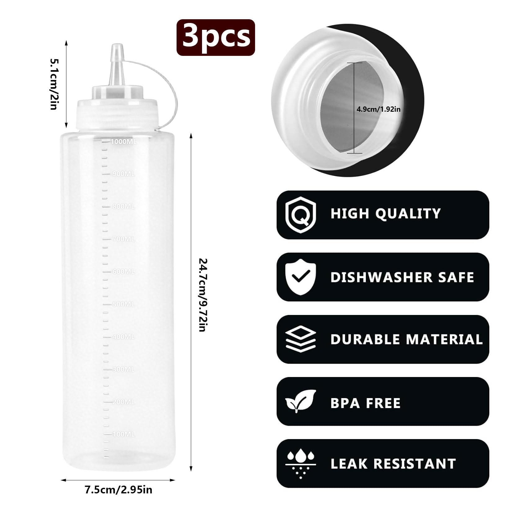 Nadisean 3 Pz Bottiglie da spremere 1000 ml, bottiglia da spremere 32 oz, senza perdite, grande bottiglia di salsa con cappucci in plastica - 2