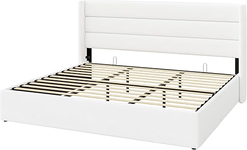 Miniatura 9 de SHA CERLIN Cama de Almacenamiento Elevable Tamaño King/Tapizada en Terciopelo/Cabecera Moderna con Respaldo de Ala/Marco de Cama Plataforma