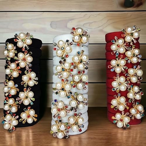 Elina トライカラー デザイナー ポニーテールホルダー ファンシー ラグジュアリー パール マルチカラー ビーズ 伸縮性 ヘアゴム バンド タイ 学校 赤ちゃん 女の子 レディース (30個パック) (ブラックホワイトレッド)