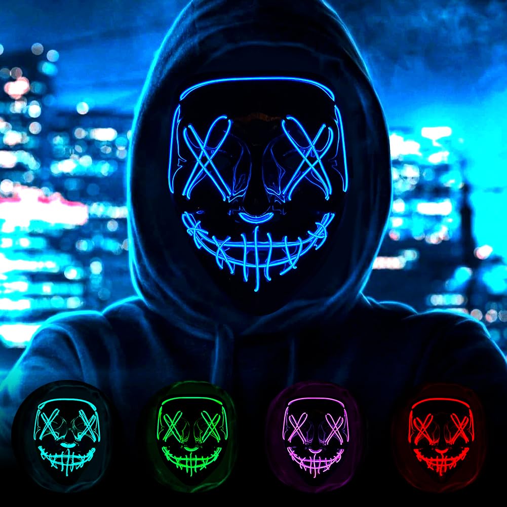 HATFRYF Halloween Skull Mask, Scary LED Halloween Mask, Halloween Face Masks for Men Women Kids, Light up Cosplay, Glowing Horror Smile, Anonymous Neon Gifts — image 1