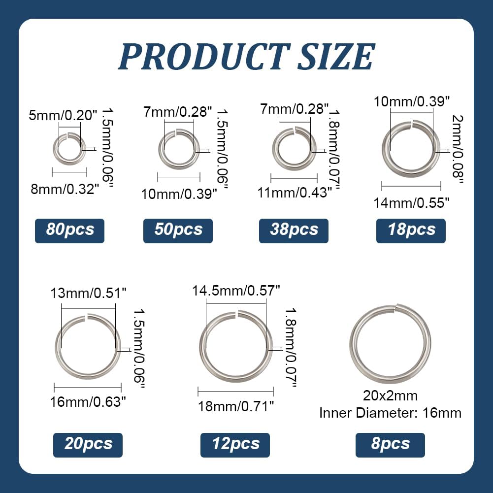 PH PandaHall 226pcs 7 Sizes 304 Stainless Steel Open Jump Rings 8/10/11/14/16/18/20mm Large O Rings Round Jump Rings Jewelry Connector Rings for Keychain Necklaces Jewelry Making, 15/13/12 Gauge