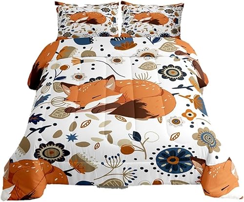 Juego de edredón de animales para adultos, zorro durmiendo en flores y hojas, decoración de ropa de cama de microfibra ligera, decoración de