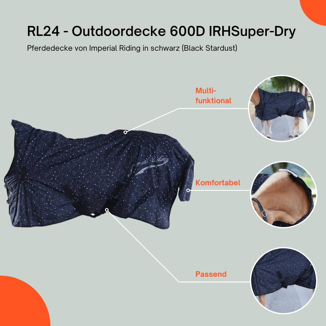 RL24 - Outdoordecke 600D IRHSuper-Dry Stardust Black 125cm | Pferdedecke von Imperial Riding mit Fleece-Futter – Regendecke, Übergangsdecke & Winterdecke – wasserdichte Weidedecke