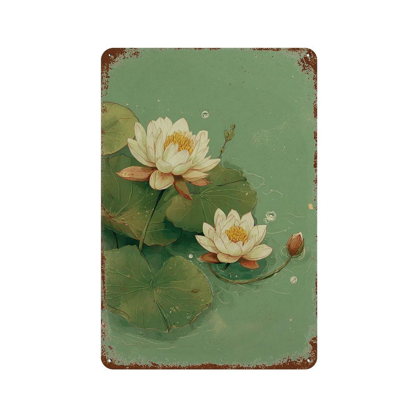 xiaoxiaoshen Lotus Flower Tranquil Water Lily Botanical Zen Bedroom And Modern Wall Decor Art Metal Tin Poster Modern Home Decor Art Home Bar Shop Decorations Vintage Sign 30x20cm