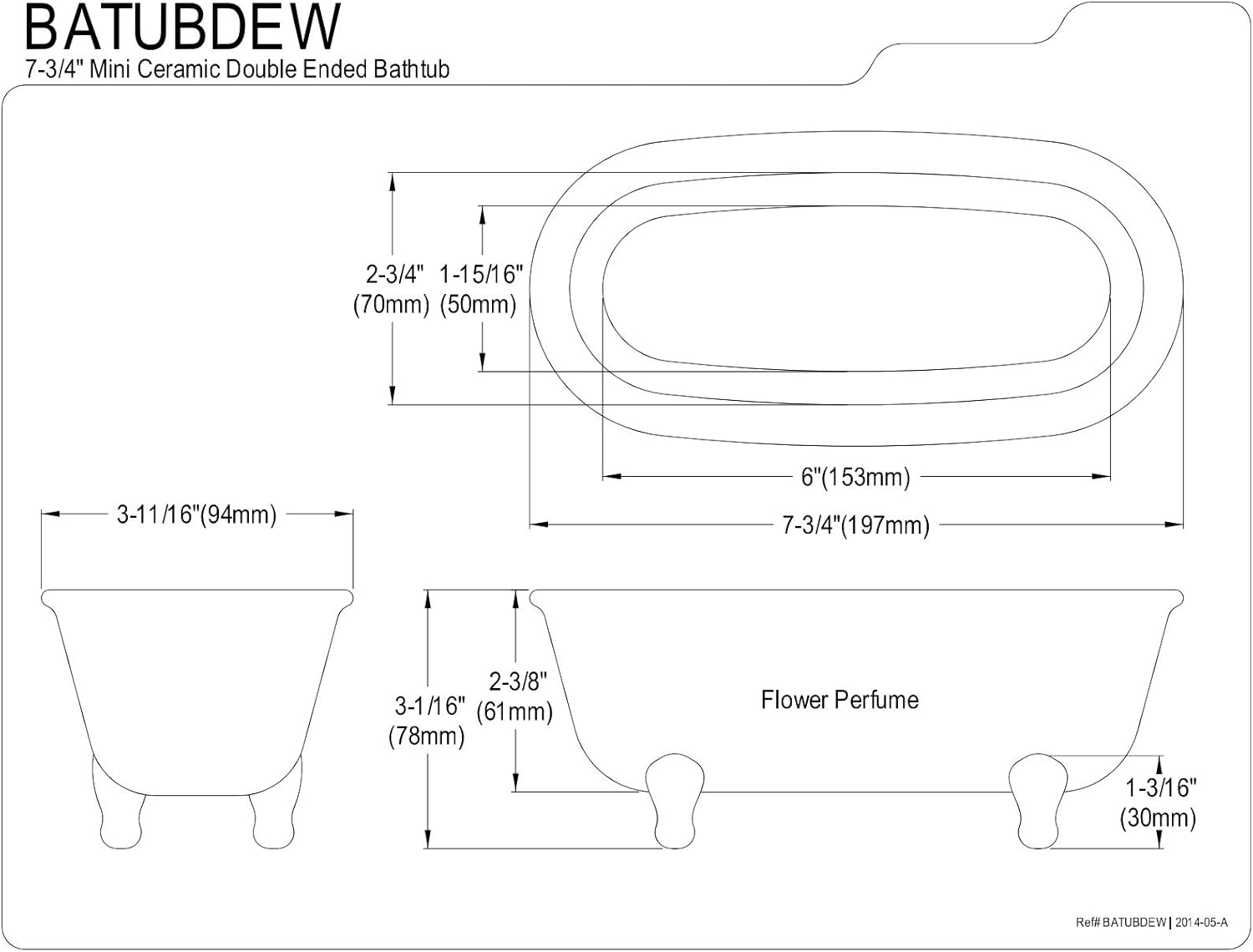 Kingston Brass BATUBDEW Aqua Eden Mini Ceramic Double Ended Bathtub, 7-3/4-Inch x 3-11/16-Inch x 3-1/16-Inch, White
