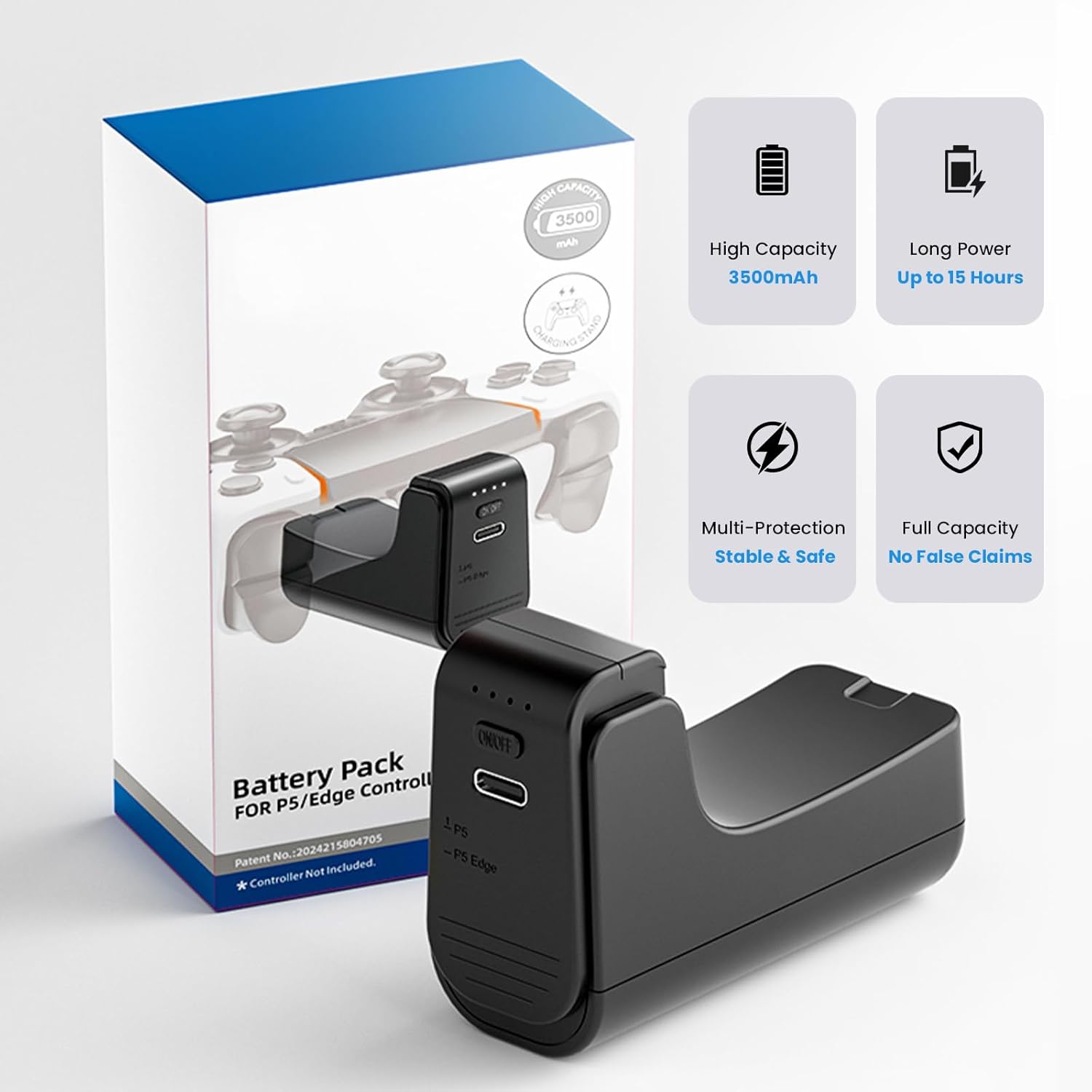 Ps-5 Controller Wireless Charger-Xhiver Portable Battery for DualSense,3500mAh, +15 Hours of Battery Life,Play While Charging&USB-C for Ps-5 Accessories,Black - Image 7