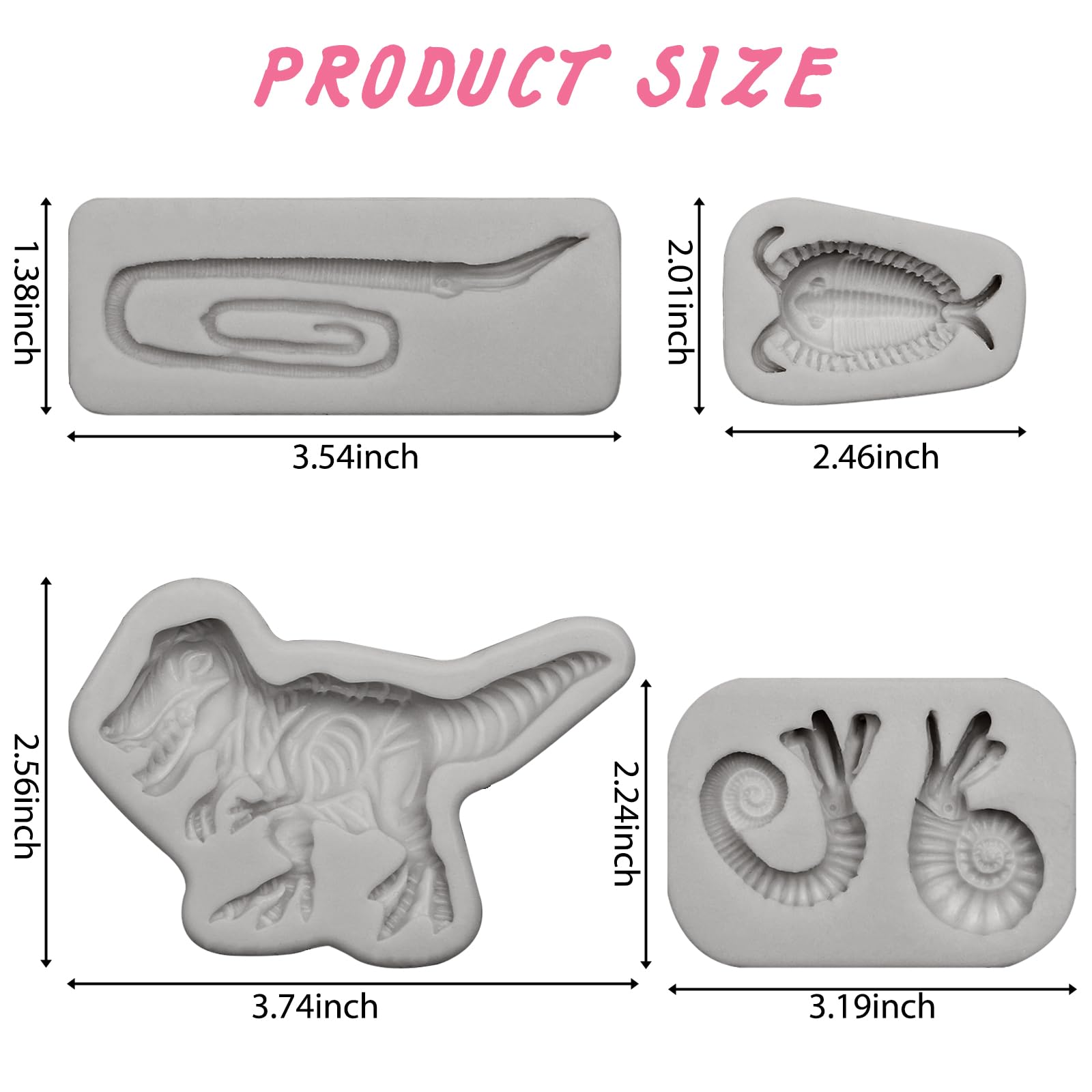 Fossil Silicone Resin Molds Set, 4 Pieces, Dinosaur T-Rex, Trilobite, Ammonite Designs for Chocolate Cake Decoration Cupcake Topper - Image 2