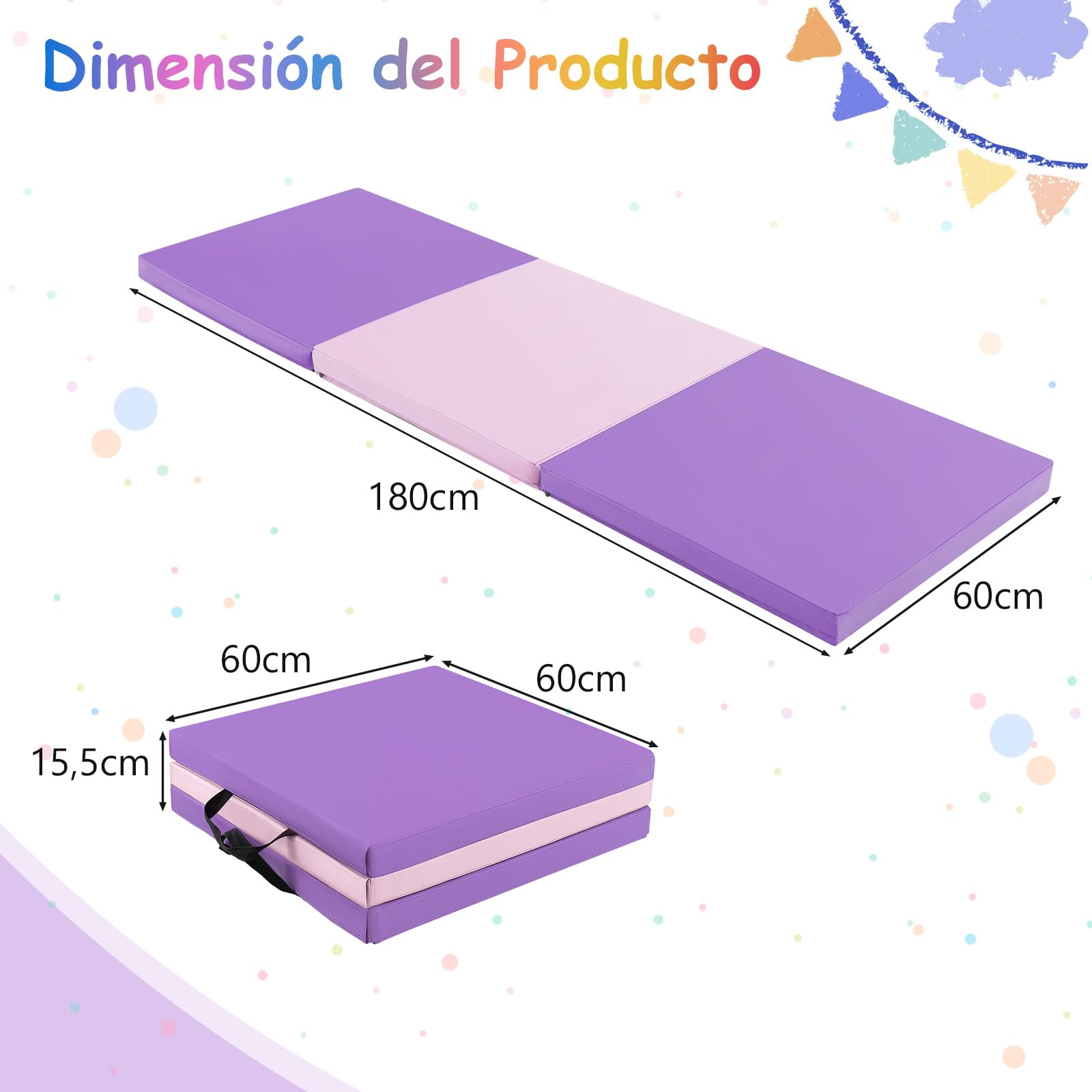 COSTWAY 180 x 60 x 5 cm Colchoneta de Gimnasia Plegable, Esterilla de Gimnasia con Superficie Impermeable y Algodon Perlado, Estera Suave de Yoga con 2 Asas para Niños Adultos