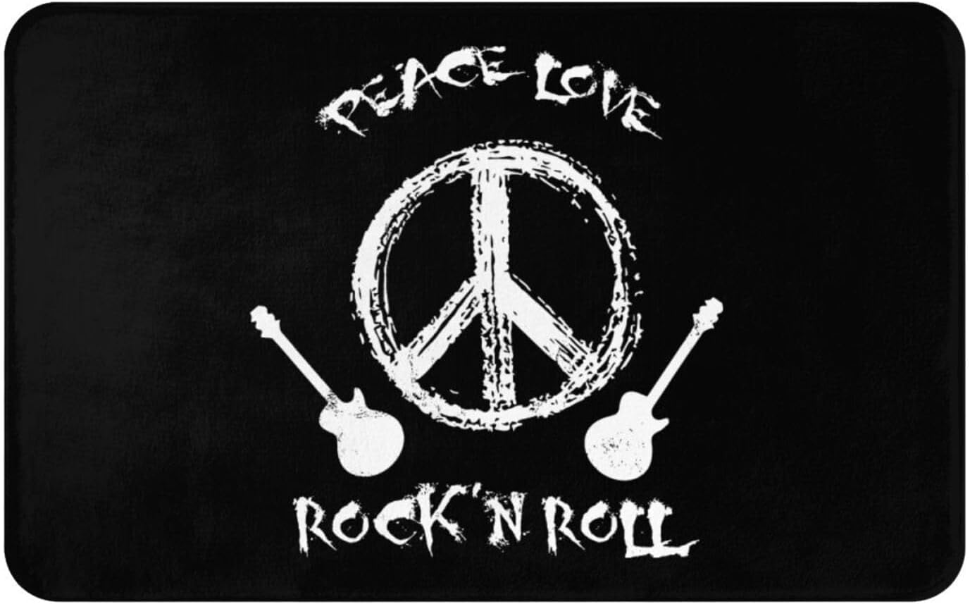 Peace Love Rock and Roll Doormat for Front Door Indoor Outdoor, Non-Slip Absorbent Waterproof Entrance Rug, All-Season Patio Porch Kitchen Bath Mat, 31.5x20, Black