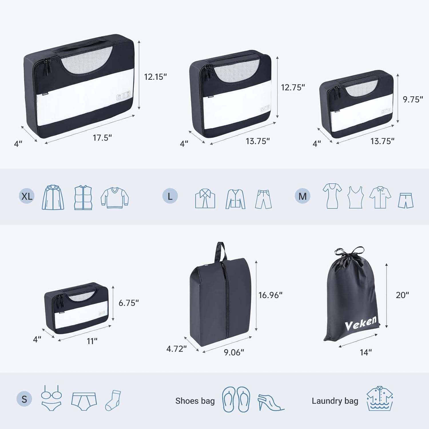  | Veken 6 Set Packing Cubes, Essential Luggage Organizers for Travel Accessories Black | Packing Organizers