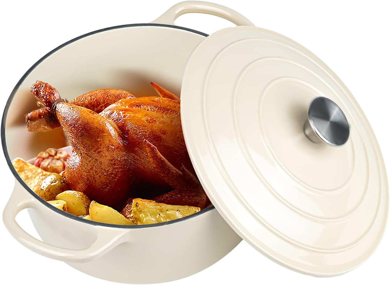 Miereirl 6 Quart Enameled Dutch Oven Pot with Lid, Cast Iron Dutch Oven with Dual Handles for Bread Baking, Cooking, Non-stick Enamel Coated Cookware (Beige)