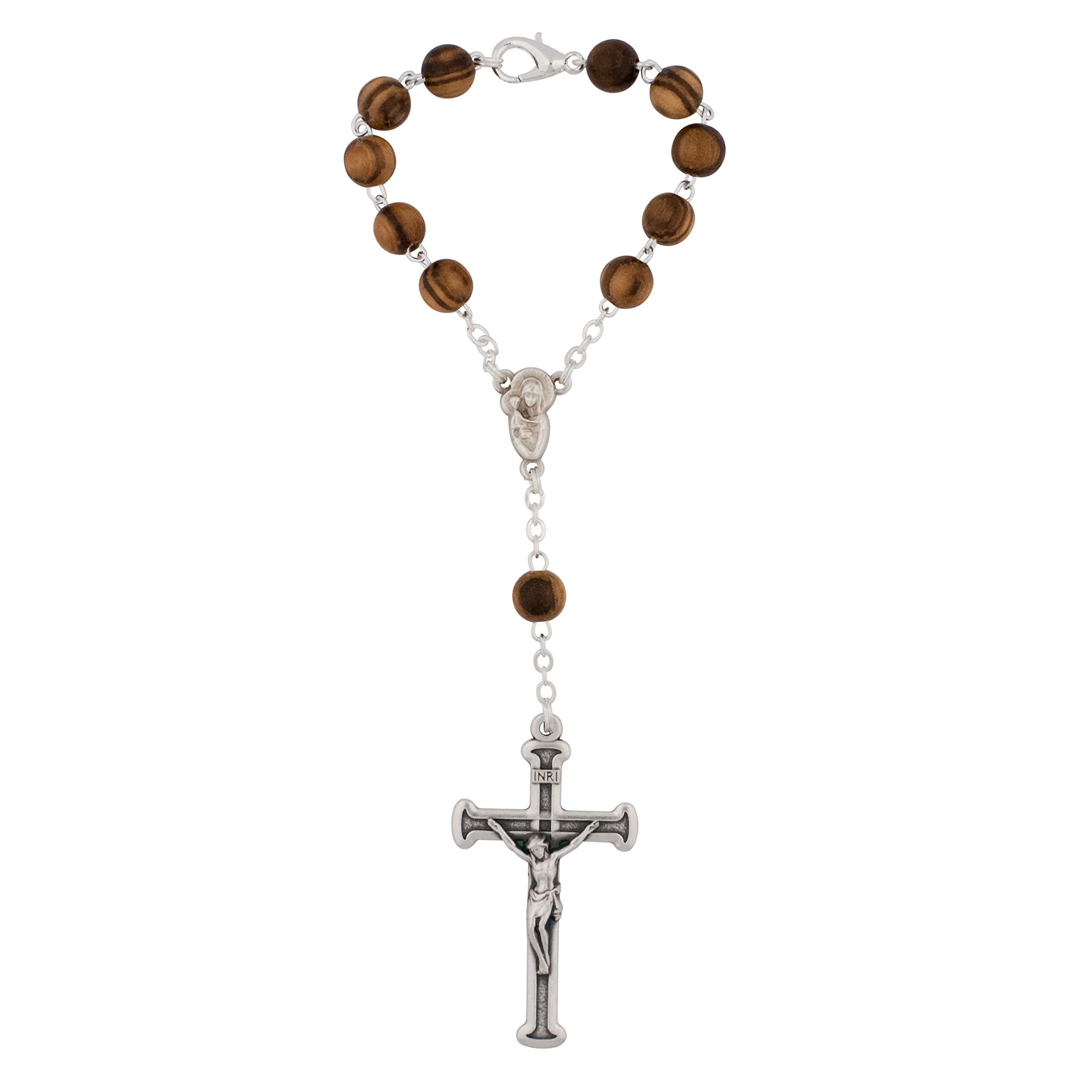 One Decade Wooden Rosary | Clasp for Hanging on Rear-View Mirror | Great Catholic Gift for First Holy Communion and Confirmation | Brown Hail Mary Beads and Silver-Tone Crucifix | Made in Italy