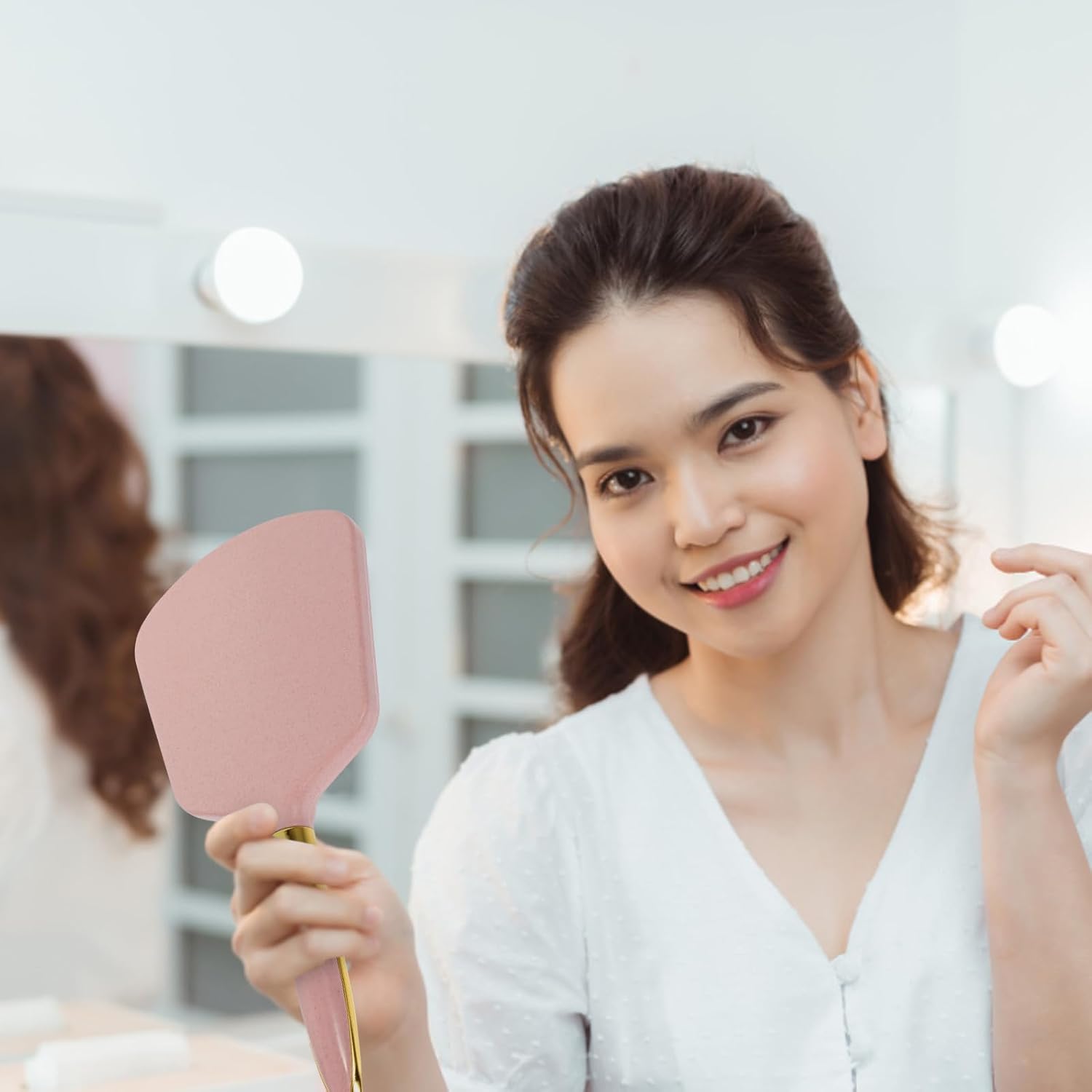 Vanity Mirror Handheld Compact Plastic Mirror with Handle Portable for Women Pink