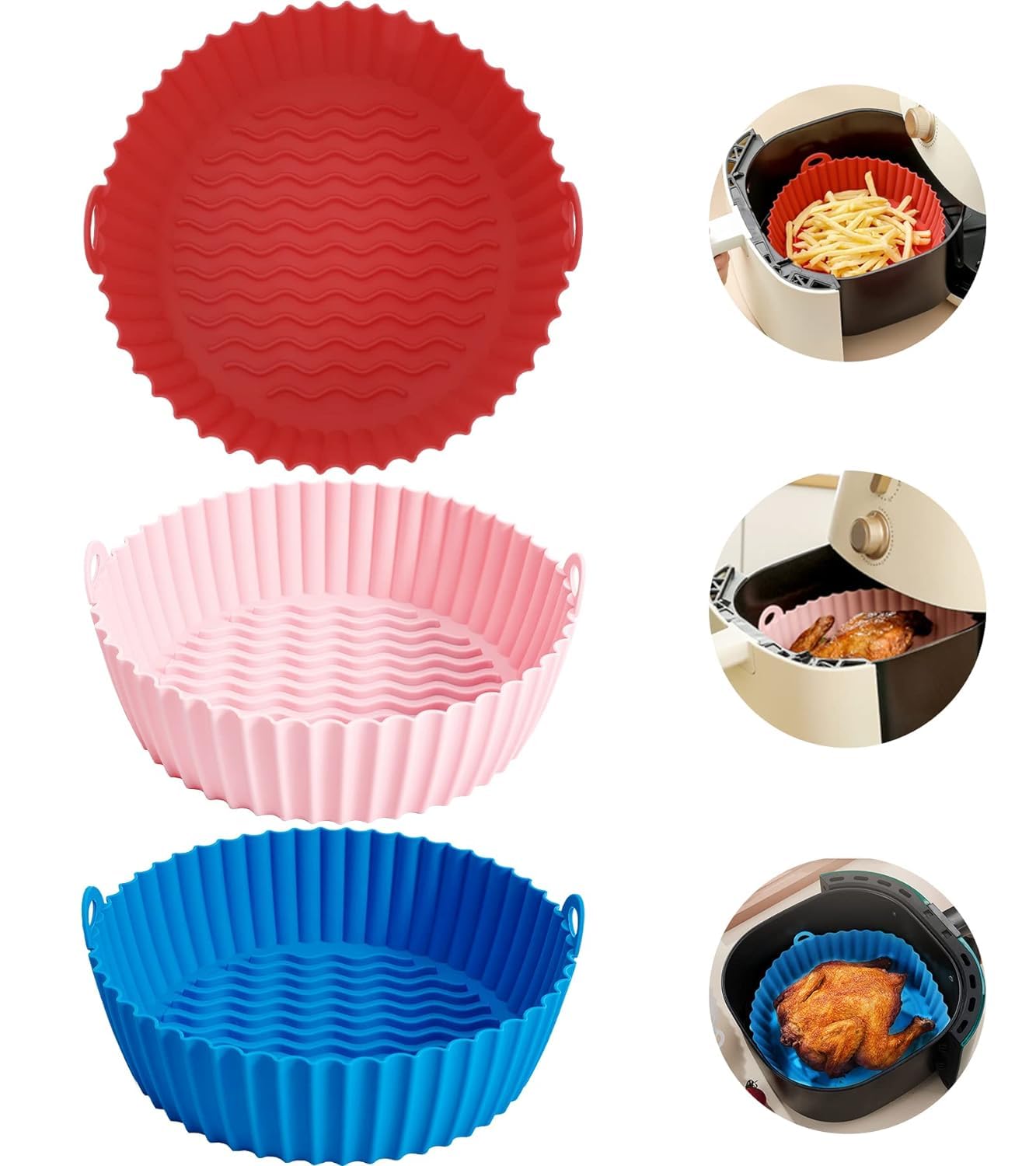 LIJIE 3 Pack Air Fryer Liners I Round Silicone Basket Baking Tray I Pot with Ear Handles I Nonstick Reusable Heat Resistant I Cooking Oven Insert Accessories | Red, Pink, Blue Colour