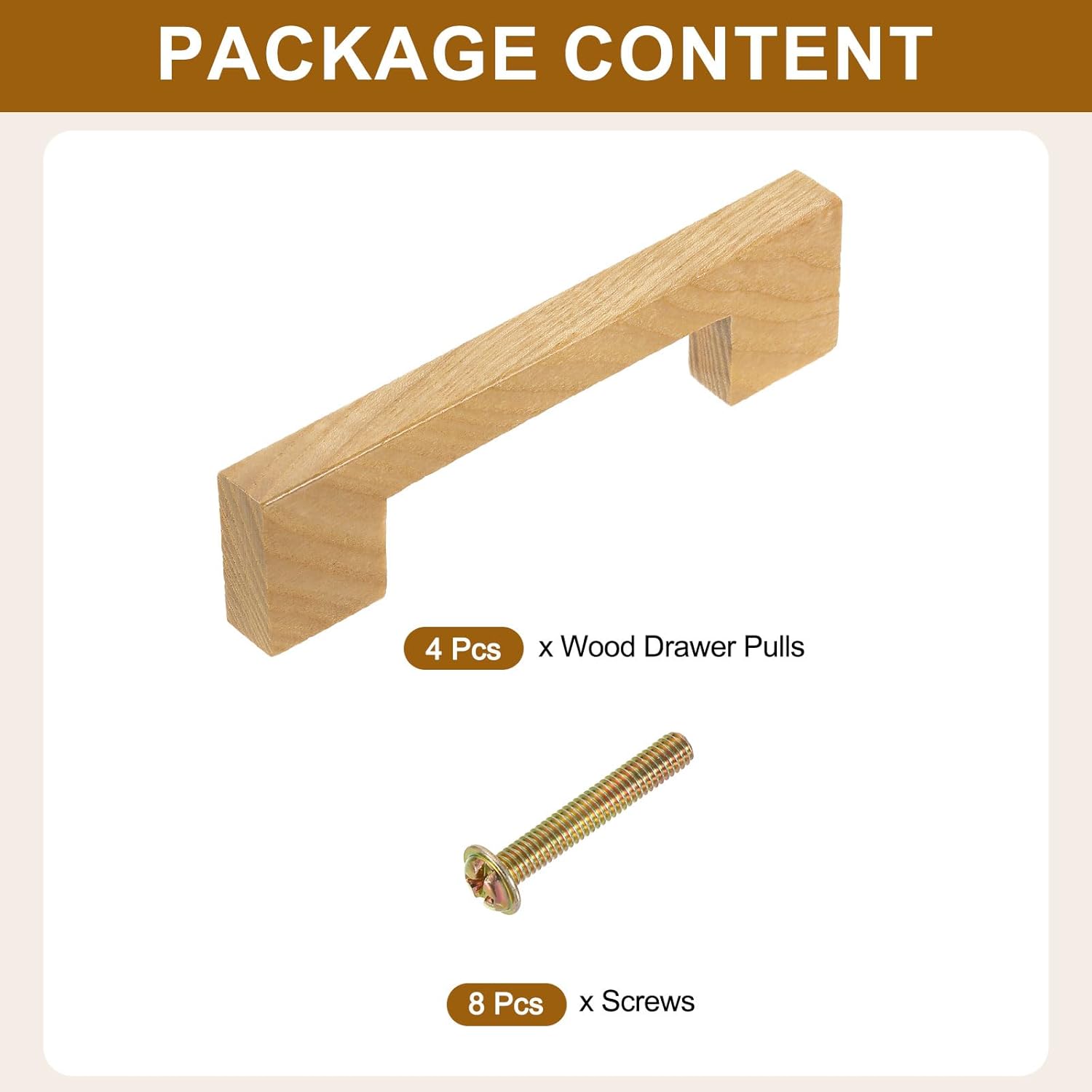 uxcell 4Pcs Wood Drawer Pulls, 4 Inch Hole Center Square Wooden Drawer Pulls Cabinet Handles with Screws for Kitchen Dresser Wardrobes Door Cupboard, Ash Wood