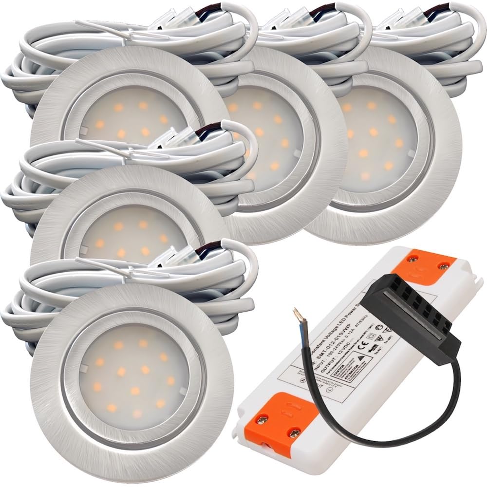 IP44 LED Möbeleinbauleuchte 12V flach 5 x 2,4W Möbelspot New Lina 200lm Silber inkl. LED Trafo und AMP Verteiler 3000K Warmweiß Lochausschnitt: 55 bis 60mm