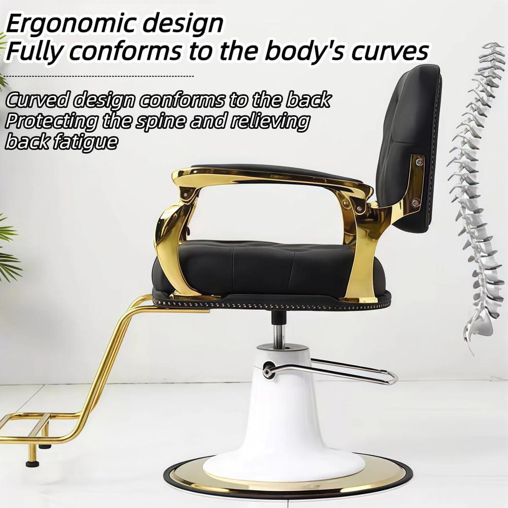 Wyposażenie salonu kosmetycznego, vintage fotel barberski, fotel barberski hydrauliczny podnośnik, obrót 360°, sztuczna skóra PU, do stylizacji,Black,Gold Plated