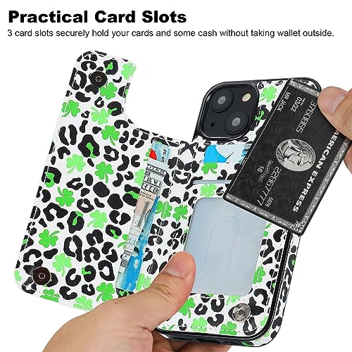 Image of HAOPINSH for iPhone 13 /14 Wallet Case with Card Holder, Clover Leopard Cheetah Pattern Back Flip Folio PU Leather Kickstand Card Slots for Women Girls, Double Magnetic Clasp Shockproof Cover 6.1 inch