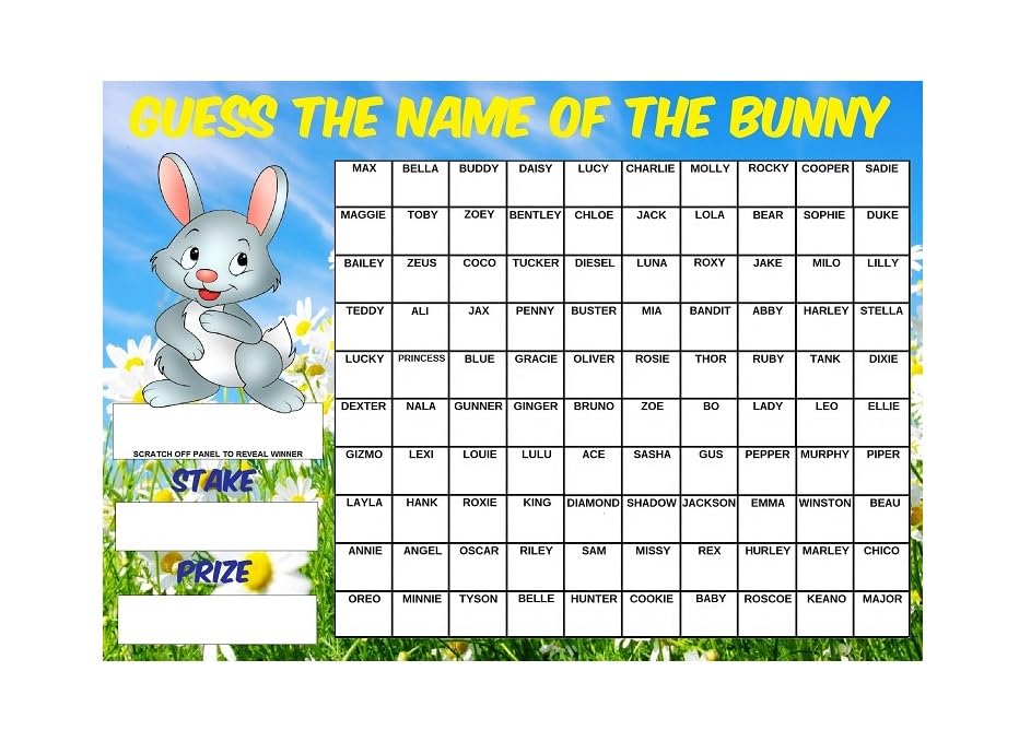A3 guess the name of the Bunny Fundraising Scratchcard Match and Win card, Yellow