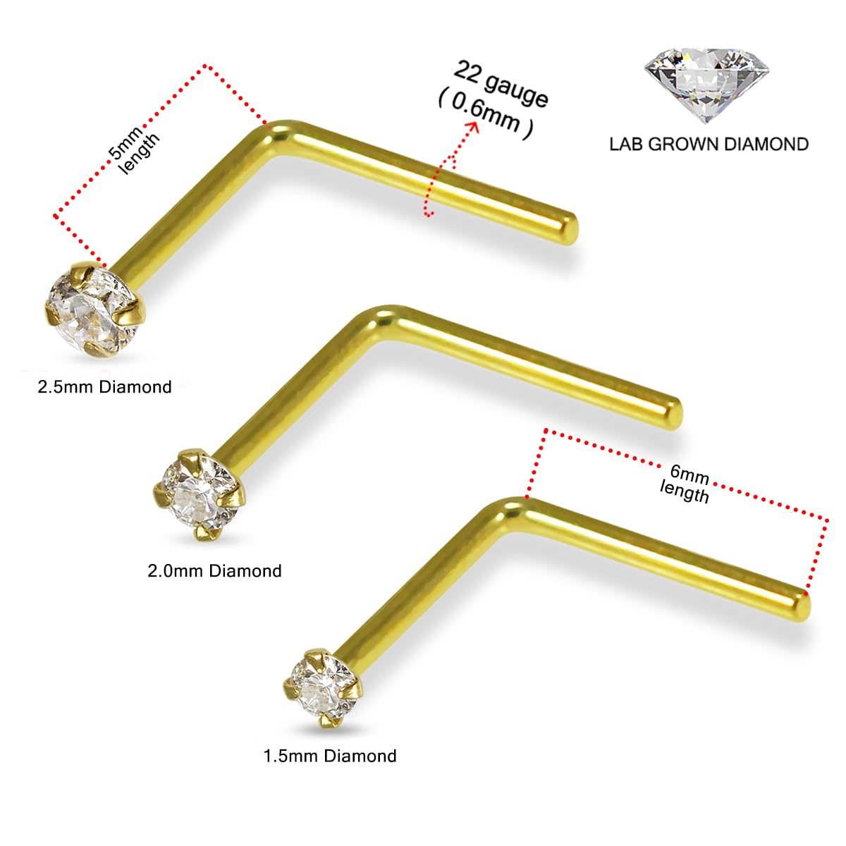 Piercing para nariz de oro amarillo macizo de 14 quilates, calibre 22, con diamante cultivado en laboratorio