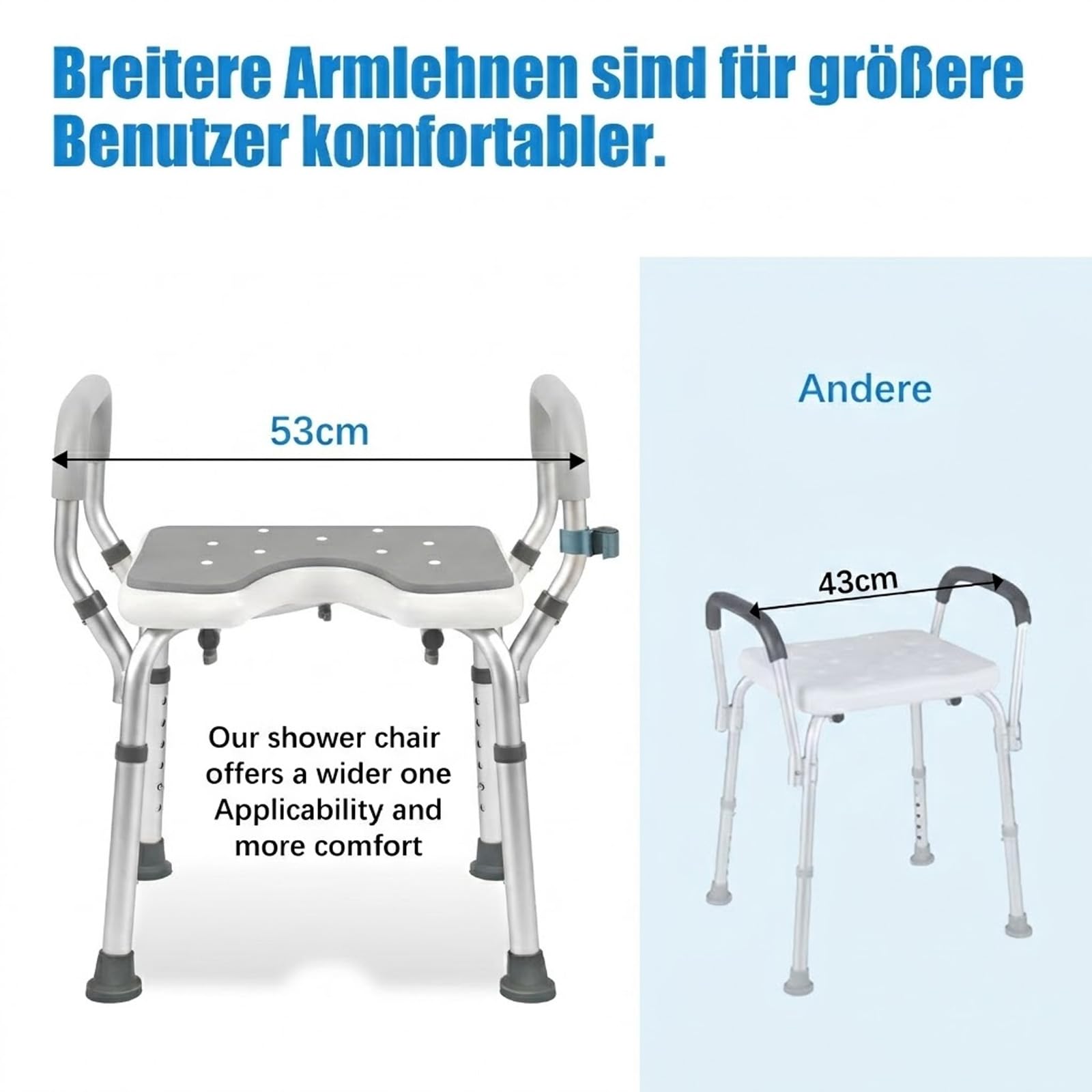 Duschhocker für Senioren, 6-stufig höhenverstellbarer Badewannenhocker mit Armlehnen & U-Sitz, Rutschfester Aluminium Duschstuhl mit Eva-Polster, 38-67cm, 150kg Tragkraft für barrierefreies Baden