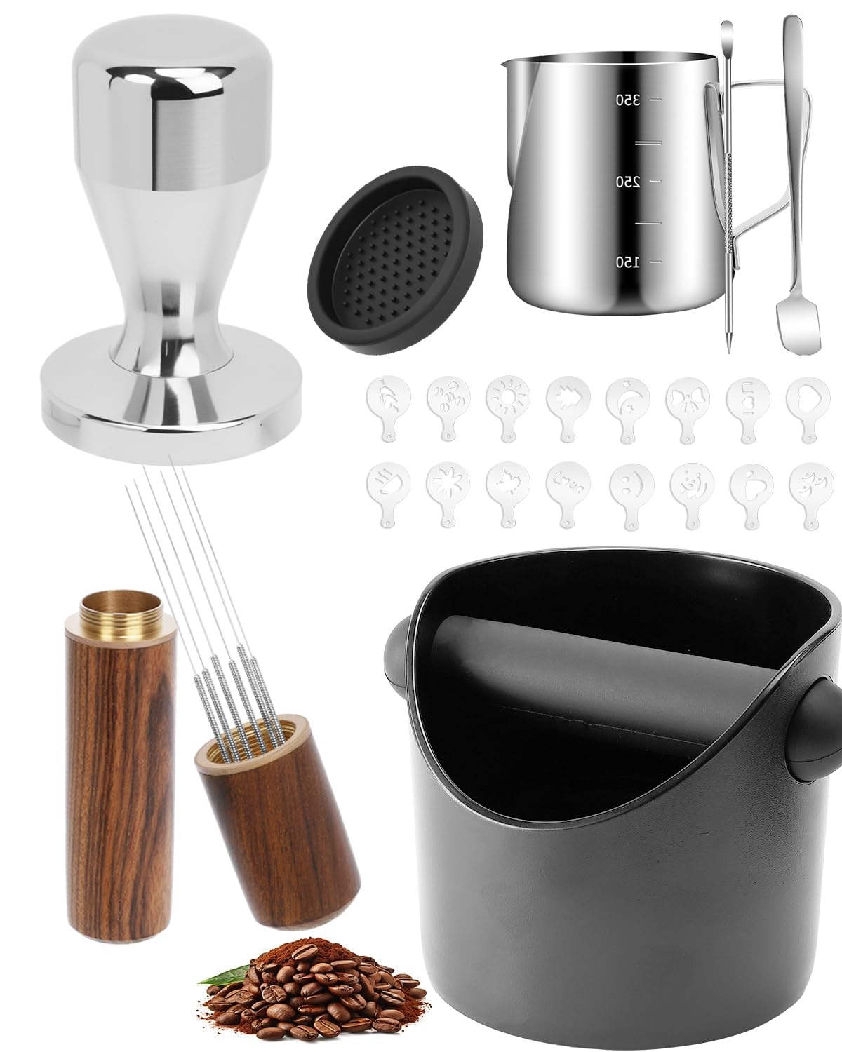 ZaKaBox 23-Piece Barista Kit : 51mm Espresso Tamper, Coffee Knock Box, Milk Pitcher with Scale, Latte Art Pen & Spoon, WDT Tool, Tamper Mat, 16 Stencils – Professional Coffee Accessory Set