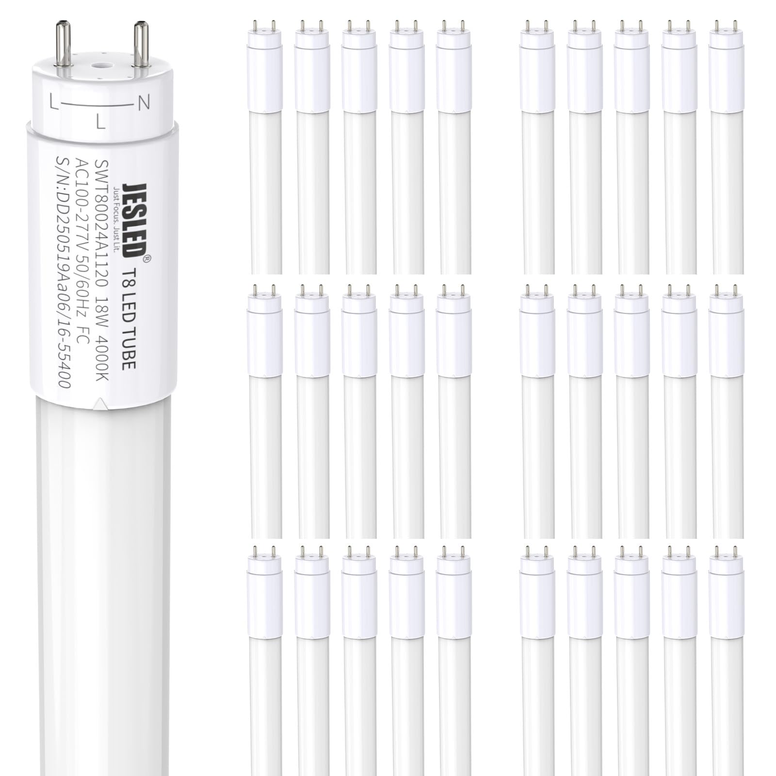 Photo 1 of JESLED 4 Pack 4FT T8 LED Bulbs,18W 2400LM 4000K Led Tube Light,Hybrid Type A+B T10 T12 Fluorescent Bulbs Replacement,Single or Double End Powered,Plug and Play or Ballast Bypass,ETL (4000K, 4Pack)