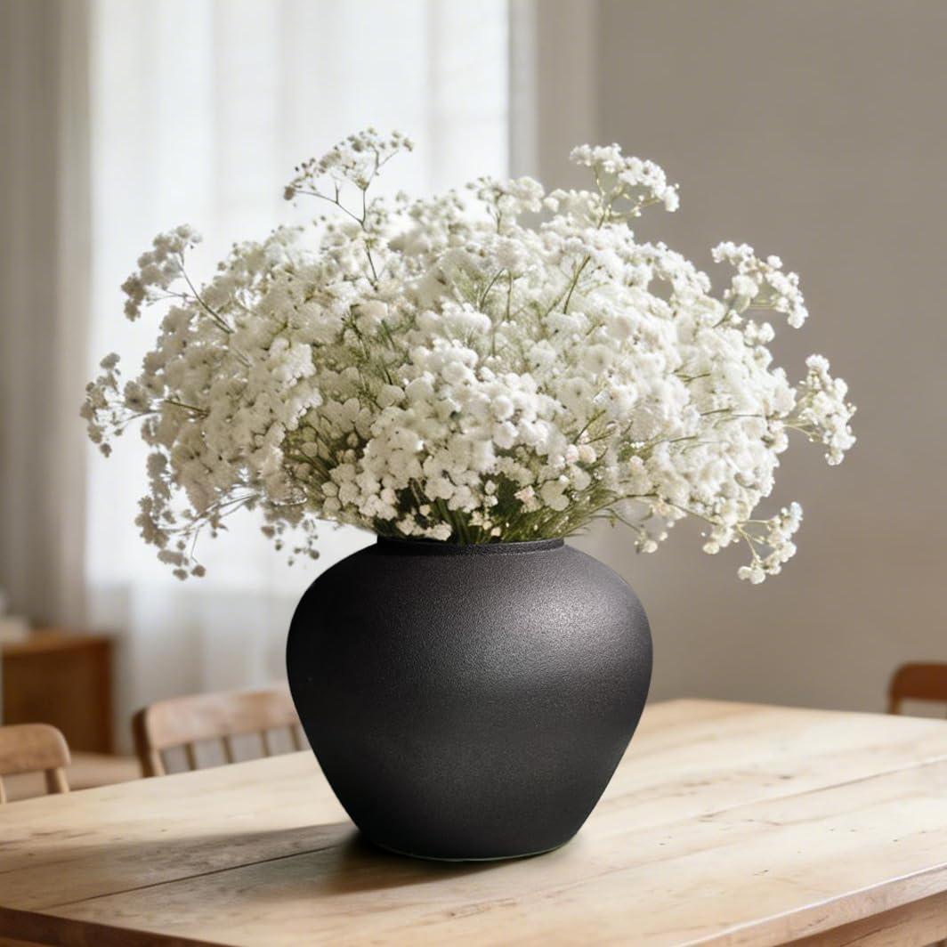 GeLive Black Ceramic Flower Vase 7 Inch Round Jar Farmhouse Rustic Vase for Fresh/Dried Plants Table Centerpiece Minimalist Home Decor Handmade Pottery Planter Pot Kitchen Utensil Holder