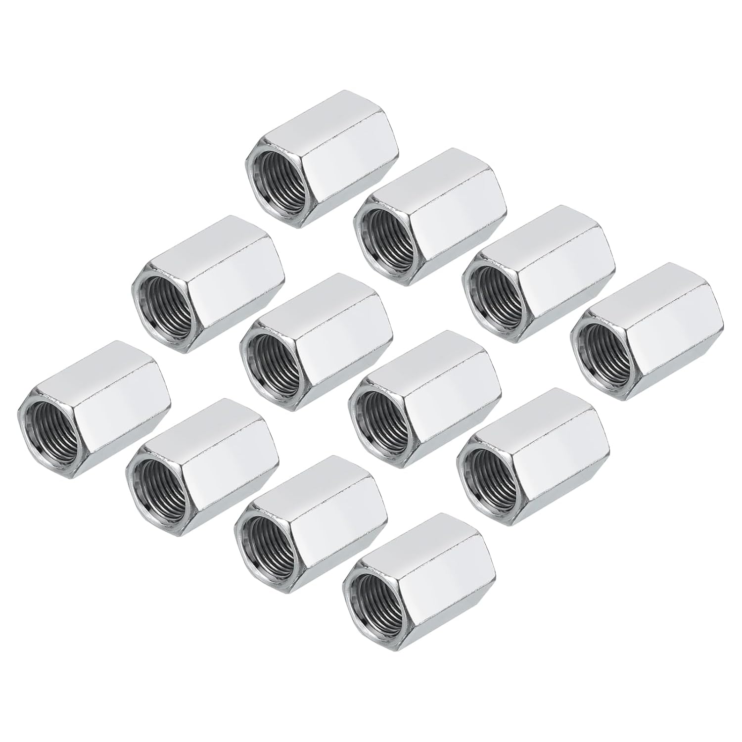 MECCANIXITY M10 x 1 Pitch Carbon Steel Hex Coupling Nuts, 6Pcs 25mm/ 1" Length Fully Threaded Rod Coupling Nut Stud Fine Thread Pipe Connector Fasteners, Silver