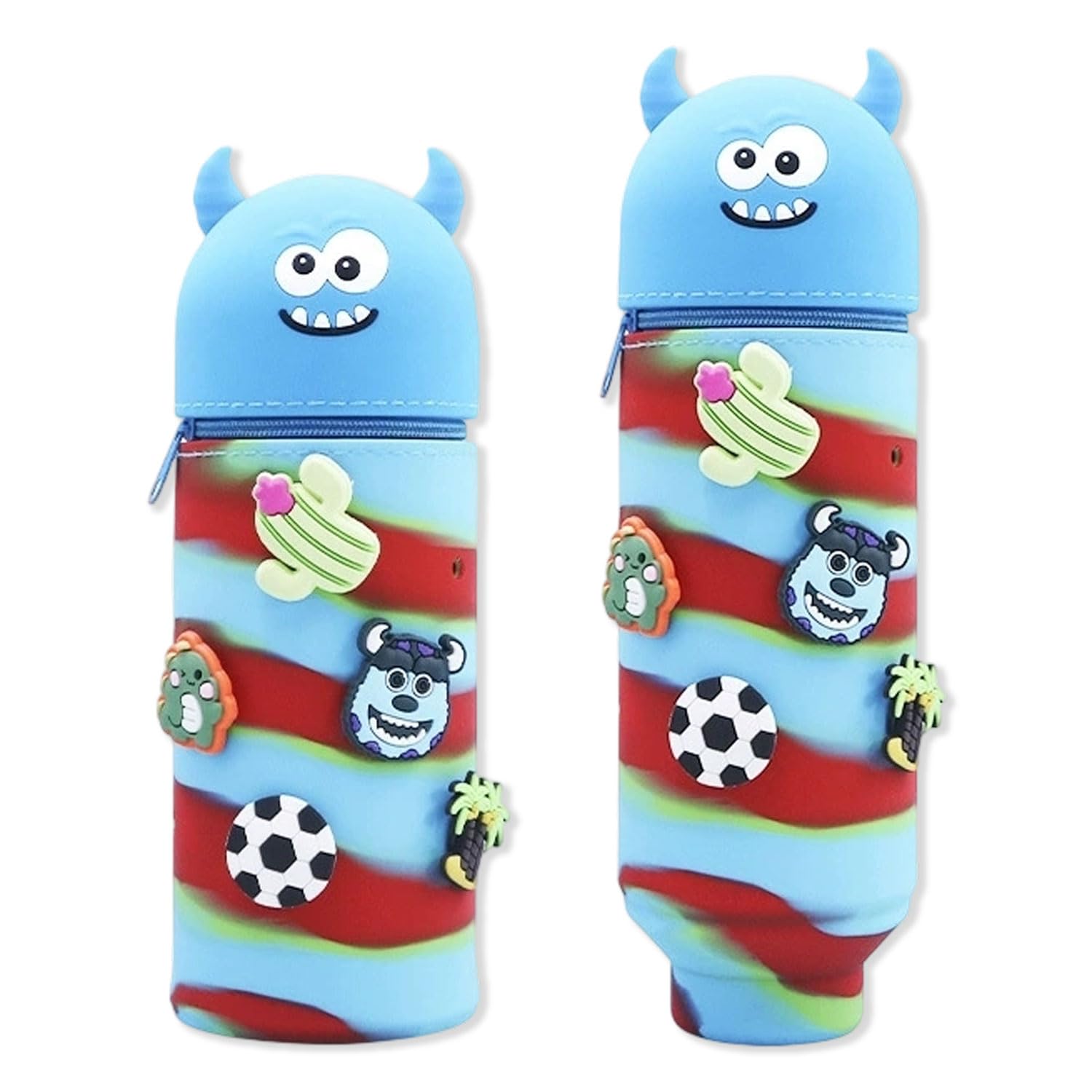 MOTIBACK Silicone Telescopic Pencil Case with Animal Design - Cute Monster 2-in-1 School Pen Holder, Decorative Buckle with Perforations Stand Up Pencil Case for School, OfficeGreen Blue Red