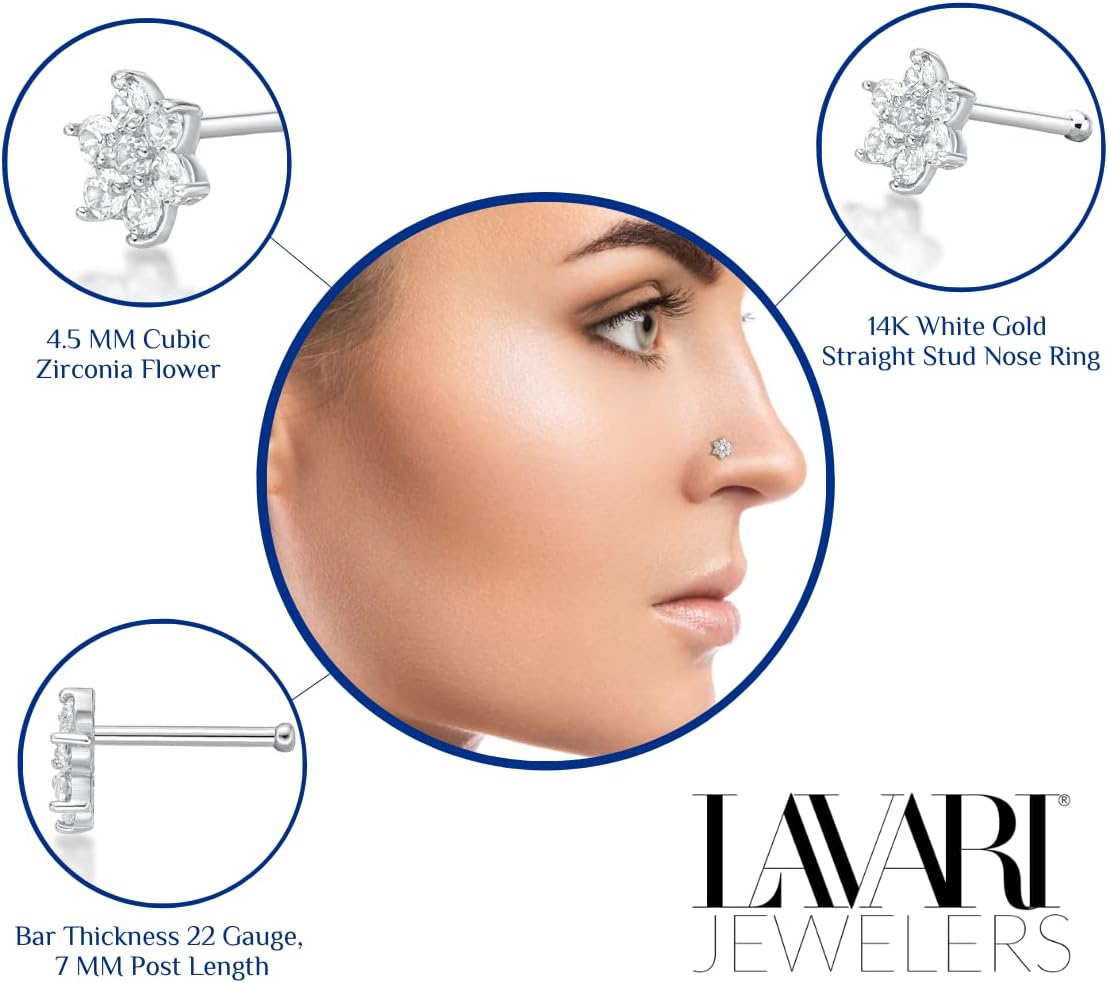 Lavari Jewelers 22 Gauge Straight Bone Flower Nose Stud for Women or Men - 14k White or Yellow Gold 4.5mm Cubic Zirconia Nose Ring - Unisex Hypoallergenic Nostril Piercing Jewelry - 22G Body Piercing - Image 6