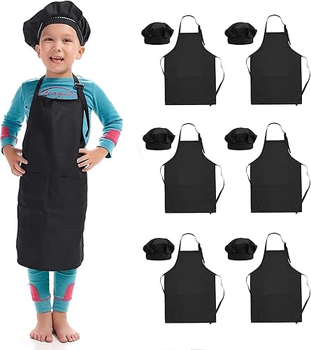 Paquete de 6 delantales negros para niños y sombrero de chef, juego de delantales de pintura ajustables con bolsillos para niños, niñas y niños,