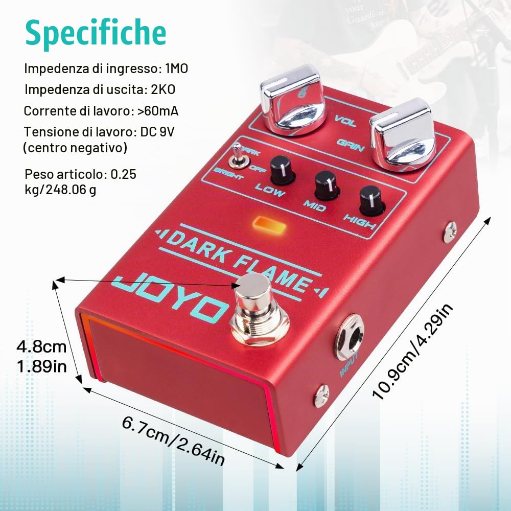 JOYO Pedale effetto per chitarra distorsore moderno in metallo ad alto guadagno con diversi stili di tono per chitarra elettrica - True Bypass (Dark Flame R-17)