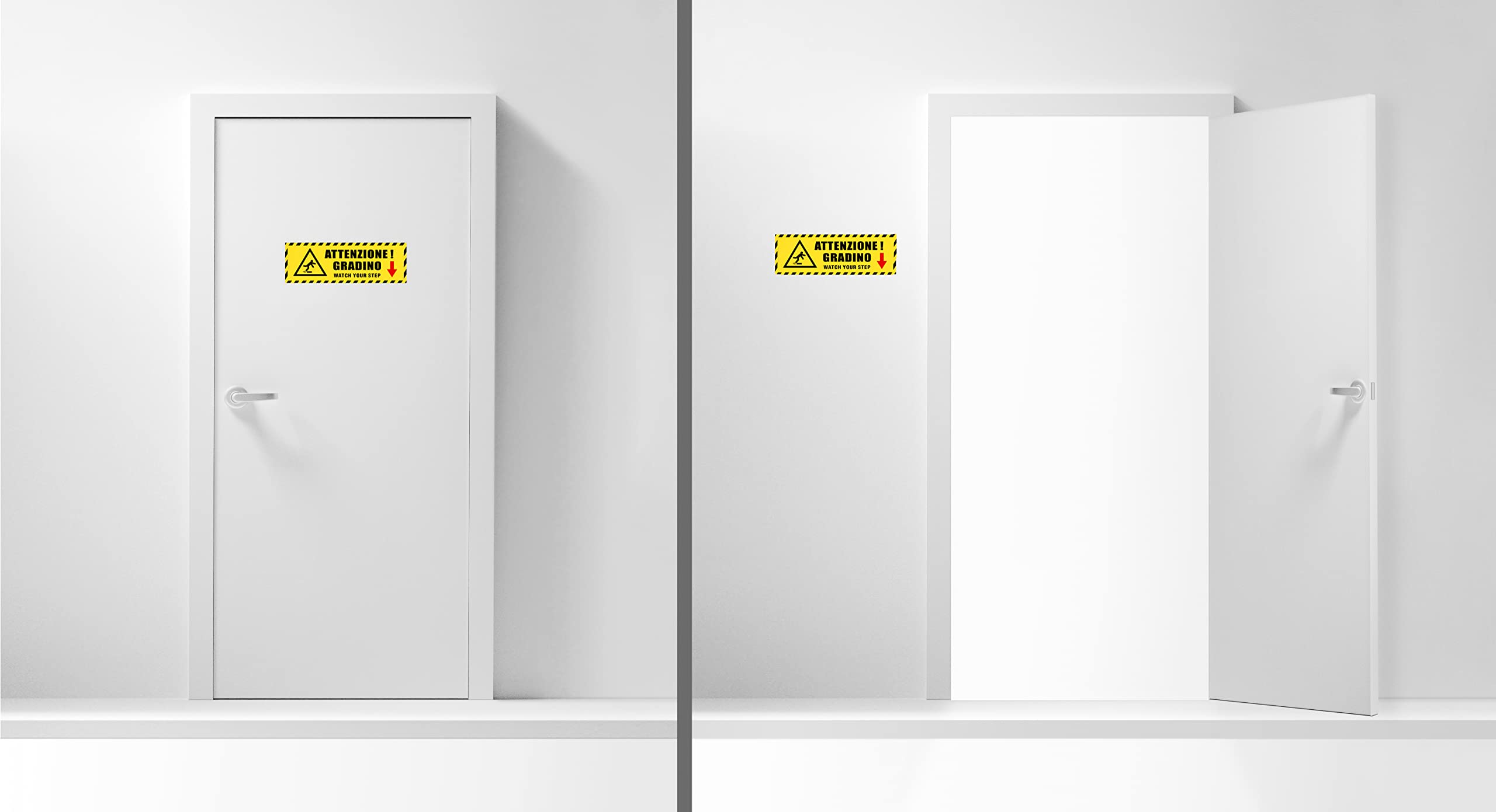 2 Adesivi Attenzione al gradino, mis. 30x10 cm, in italiano e inglese, cartello in vinile, pittogramma sicurezza pericolo caduta, laminato antigraffio e anti UV, impermeabile lavabile.